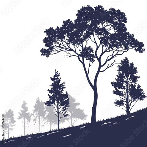 Silhouette of trees on a hillside under a dark sky with a crescent moon.