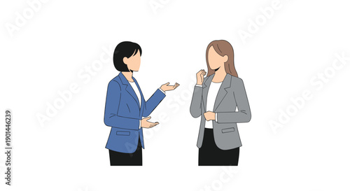 Two professional businesswomen in smart blazers engaged in a focused discussion, one gesturing thoughtfully,