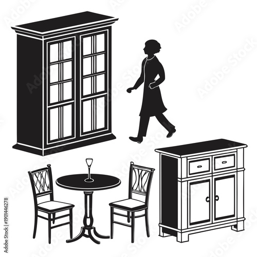 A woman walking past various pieces of furniture in a room.
