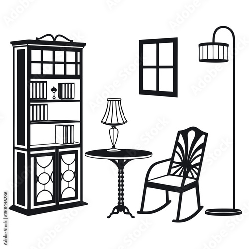 A cozy living room with a rocking chair, a table lamp, and a bookshelf.