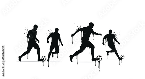 Dynamic silhouettes of soccer players dribbling and kicking a ball, depicted with artistic black ink splashes,