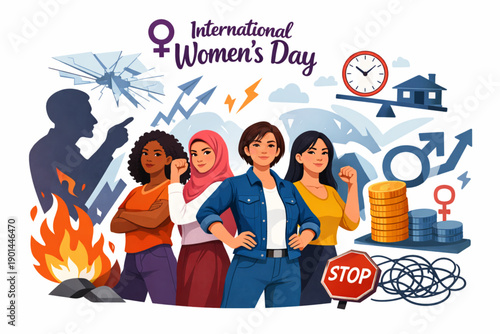International Women's Day celebration with diverse women standing strong against adversity
