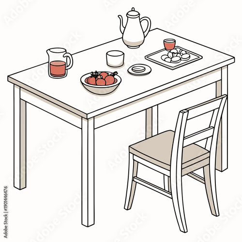 A cozy dining setup with a chair and table adorned with various dishes and a teapot.