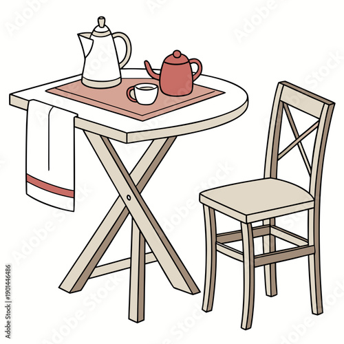 A cozy corner with a small table set for a tea party with a chair and towel.