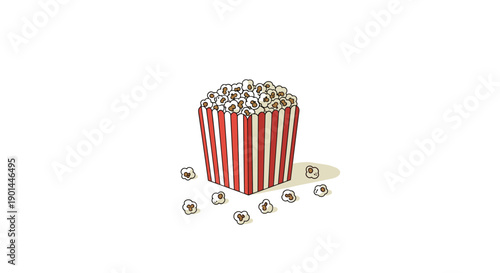 Classic fluffy popcorn overflowing from a red and white striped box, an iconic and delicious snack for cinematic