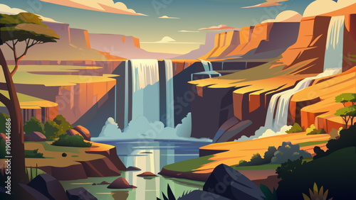 Very beautiful main waterfall of Epupa Falls at the Namibia–Angola frontier, featuring layered rock formations, flowing river energy, and a raw, untamed African landscape.