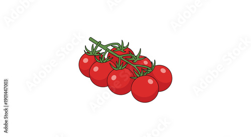 Fresh vibrant red cherry tomatoes hanging on a green stem, isolated on a plain white backdrop.