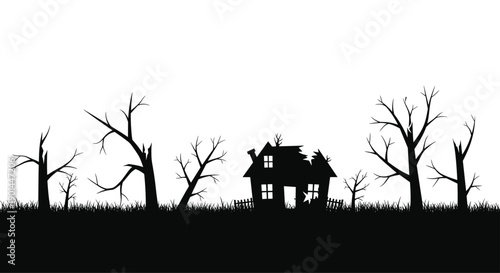 Spooky silhouette of a ruined house surrounded by barren trees against a white background.