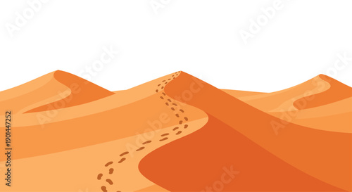 Winding footprints ascending vast orange desert sand dunes under a clear white sky.