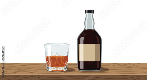 Bottle of dark amber whiskey and a full glass with liquid on a rustic wooden table.