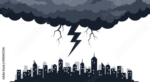 Foreboding city skyline silhouette beneath dark storm clouds with multiple lightning strikes above.