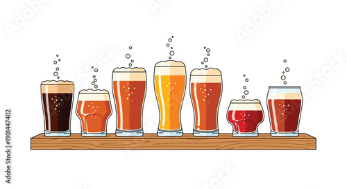 Diverse collection of beer glasses featuring various brews with frothy tops, neatly arranged on a rustic wooden shelf