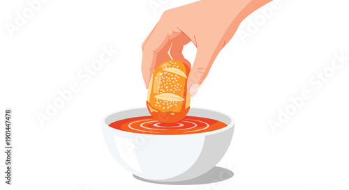 Human hand dipping a delicious breadstick with sesame seeds into a bowl of savory orange dipping sauce, close-up view