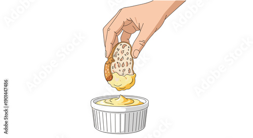 Human hand dipping a rustic torn piece of fresh bread into a small bowl of creamy yellow sauce or condiment