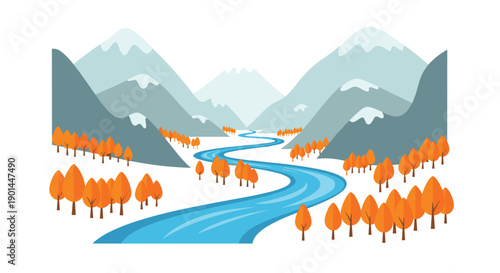 Picturesque autumn river landscape featuring a winding blue river flowing through vibrant orange trees and majestic