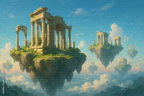 Floating Ancient Temple Ruins in Surreal Sky Landscape