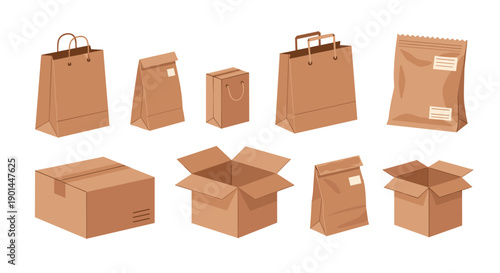 Organized assortment of brown cardboard packaging, featuring various bags, boxes, and open containers for shipping