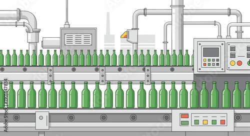 Automated green bottles moving efficiently on a modern factory production line with industrial machinery, symbolizing