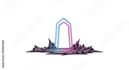 Glowing neon blue and pink portal-like arch emerging from sharp, jagged dark rocks, symbolizing futuristic gateway and