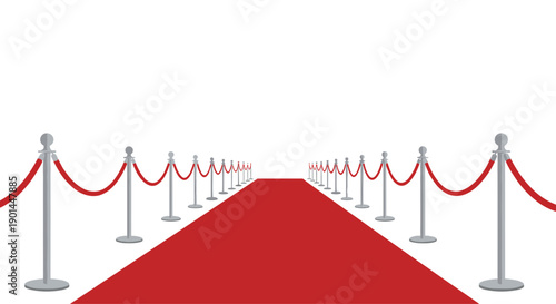 Elegant red carpet extending into the distance, flanked by polished silver stanchions with velvet ropes, symbolizing a