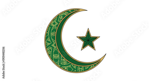 Elegant symbolic ornate green crescent moon and five-pointed star, richly decorated with intricate golden Islamic