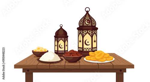 Inviting traditional Iftar table spread featuring dates, fluffy rice, delicious pastries, and ornate lanterns, set on a