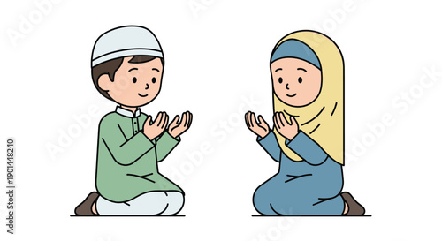 Muslim children kneeling in prayer with open hands, depicting religious devotion and peaceful worship against a simple