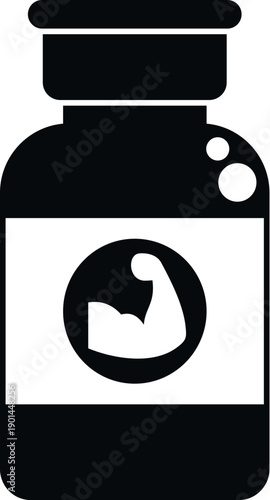 Protein powder bottle with a flexing bicep icon, symbolizing fitness and muscle strength