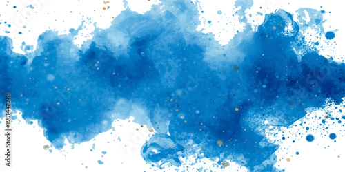 Clean blue watercolor background with abstract ink splashes and a cold liquid texture of frozen ice and snow bubbles on paper