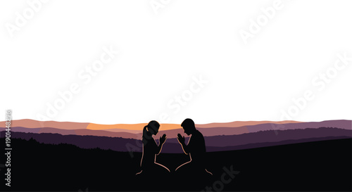 Silhouettes of a man and woman kneeling in prayer, facing a serene mountain horizon at dusk, symbolizing devotion.