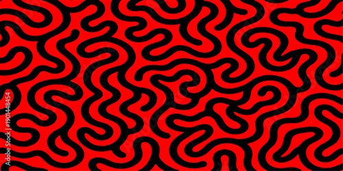 Abstract seamless pattern with red hearts and orange floral swirls creates a vintage vector wallpaper design featuring colorful tile ornaments and curved art elements for decorative backdrops