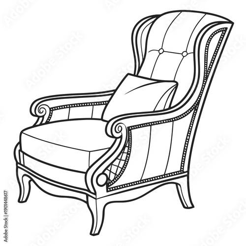 Elegant wingback chair with intricate wooden frame and plush cushions.