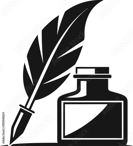 Quill pen and inkwell on white background