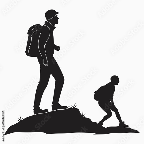 Two individuals climbing a steep mountain, one leading and the other following closely behind