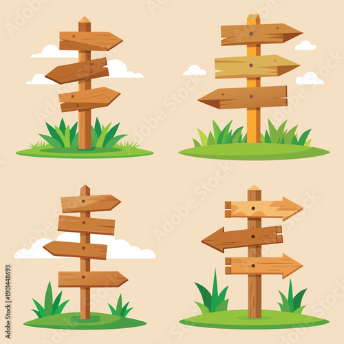 Bilde på lerret Four wooden directional signs with multiple arrows on grassy areas