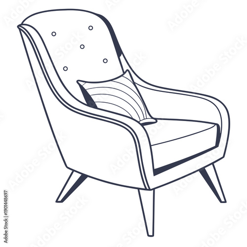 A vintage style armchair with a unique design and button tufted backrest