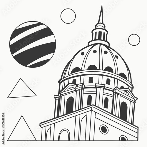 A detailed illustration of a historic building with geometric shapes and celestial bodies