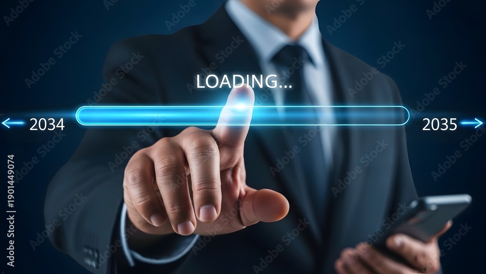 Obraz premium Person's finger touches a futuristic loading bar between the years 2034 and 2035 on a screen.
