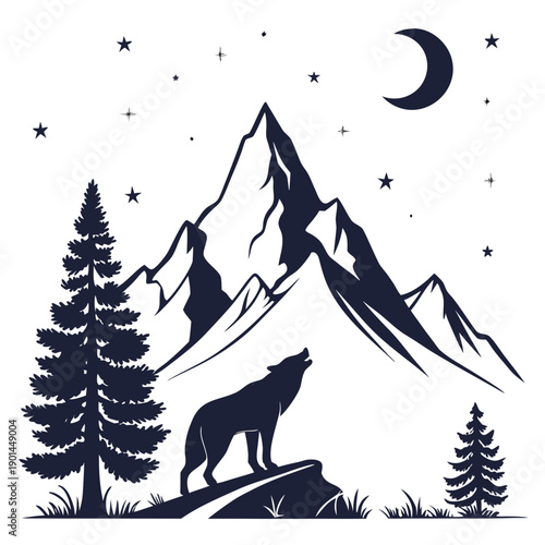 A majestic wolf howling under the moonlight in a serene mountain landscape.