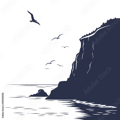 A serene coastal scene with seagulls flying over a cliff and ocean.