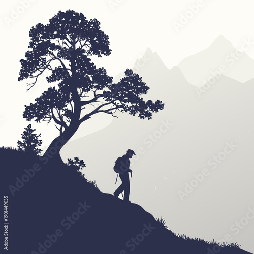 Silhouette of a person hiking up a hill with a tree and mountains in the background