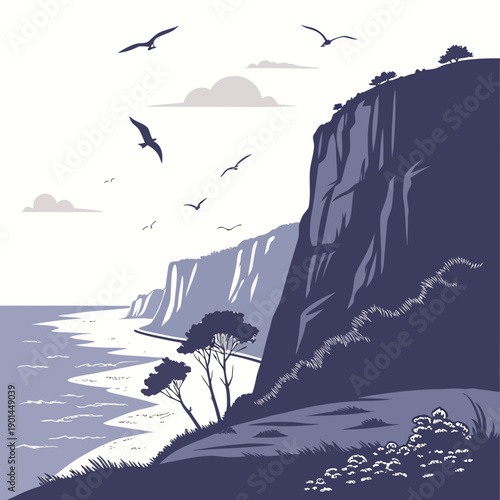 Birds flying over a cliff with a lighthouse and a rocky coastline