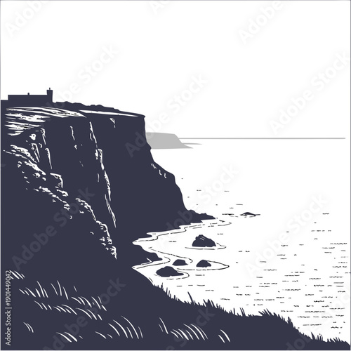 A serene coastal landscape with rugged cliffs and gentle waves