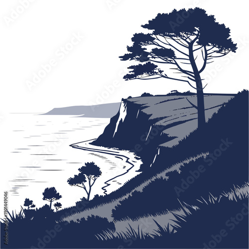 A serene coastal landscape with a lone tree standing on a cliff overlooking the ocean.