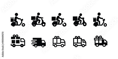 Delivery service silhouette icon set, courier on scooter and motorbike, shipping truck with gift box symbol, logistic transportation vector illustration.