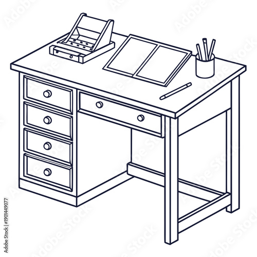 A vintage wooden desk with drawers, a computer, and office supplies.