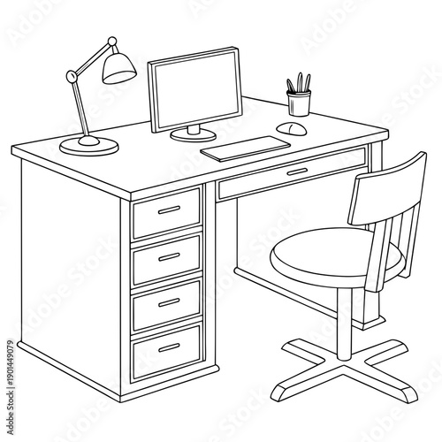 A simple and organized home office setup with a desk, chair, and computer.