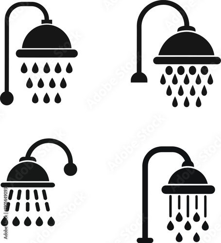 Four different shower heads with water droplets