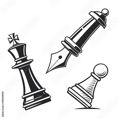 Chess pieces transformed into a quill and inkwell illustrating creativity