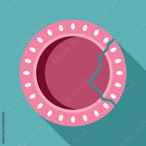 Pink plate showing a crack and missing piece with long shadow